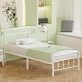Cieemine 14 Inch White Twin XL Bed Frames with Headboard and Footboard, Metal Bed Frame Twin XL Victorian Style, Heavy Duty Mattress Foundation, No Box Spring Needed, Easy Assembly