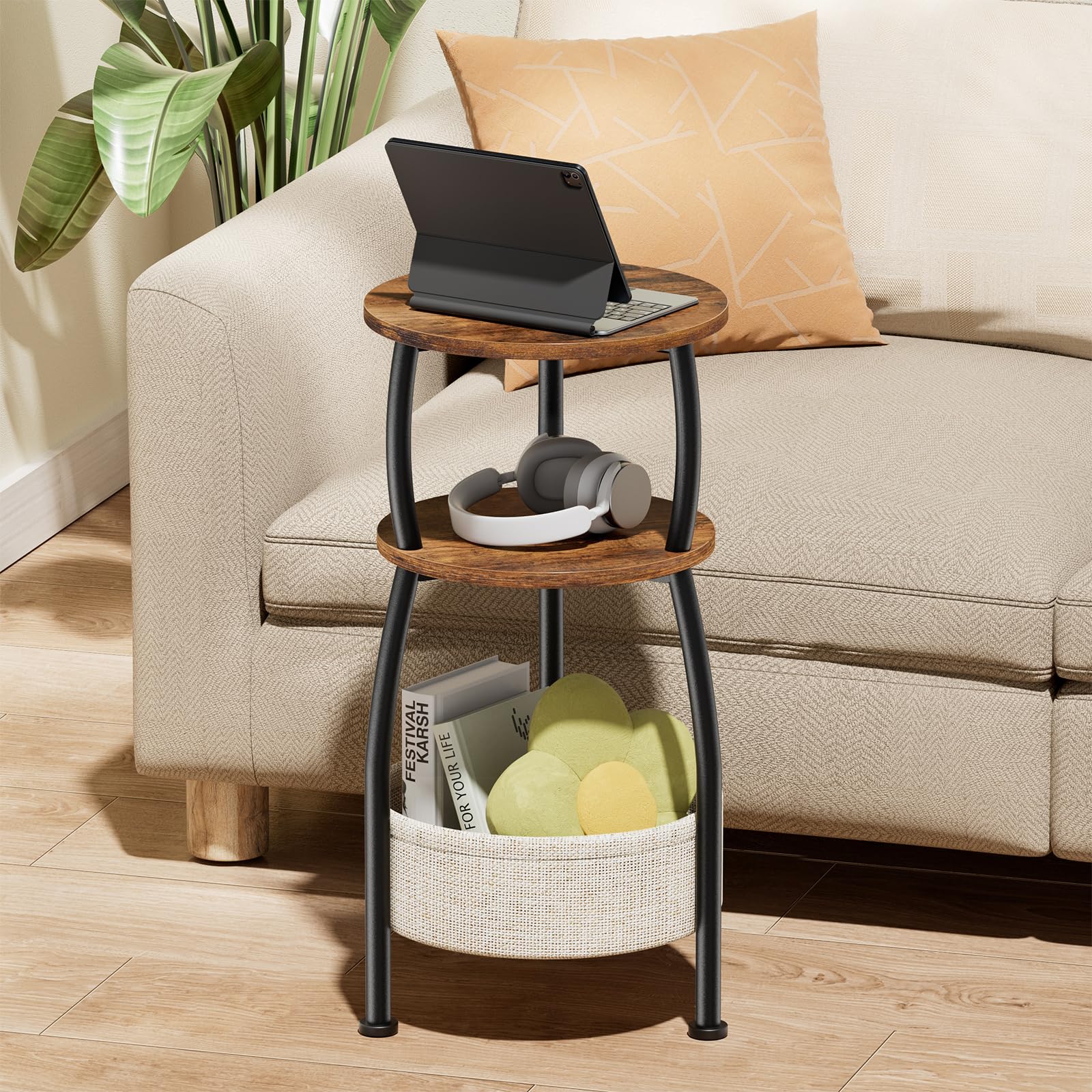 Yuede Round Side Table for Small Spaces with Storage Basket –Small End Table 3-Tier Night Stand Sofa Corner Table for Living Room, Bedroom, Patio and More 24in Tall Rustic Brown