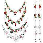 Misdary 4 Sets Christmas Necklace Earrings Set Glitter Snowflake Santa Claus Light Bulb Rhinestone Necklace Drop Dangle Earrings Xmas Holiday Party Jewelry Gift for Woman