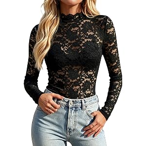 Zeagoo Lace Tops for Women Mesh Sheer Long Sleeve Shirts Going Out Blouses | Lace undershirt, sexy top, country concert outfi