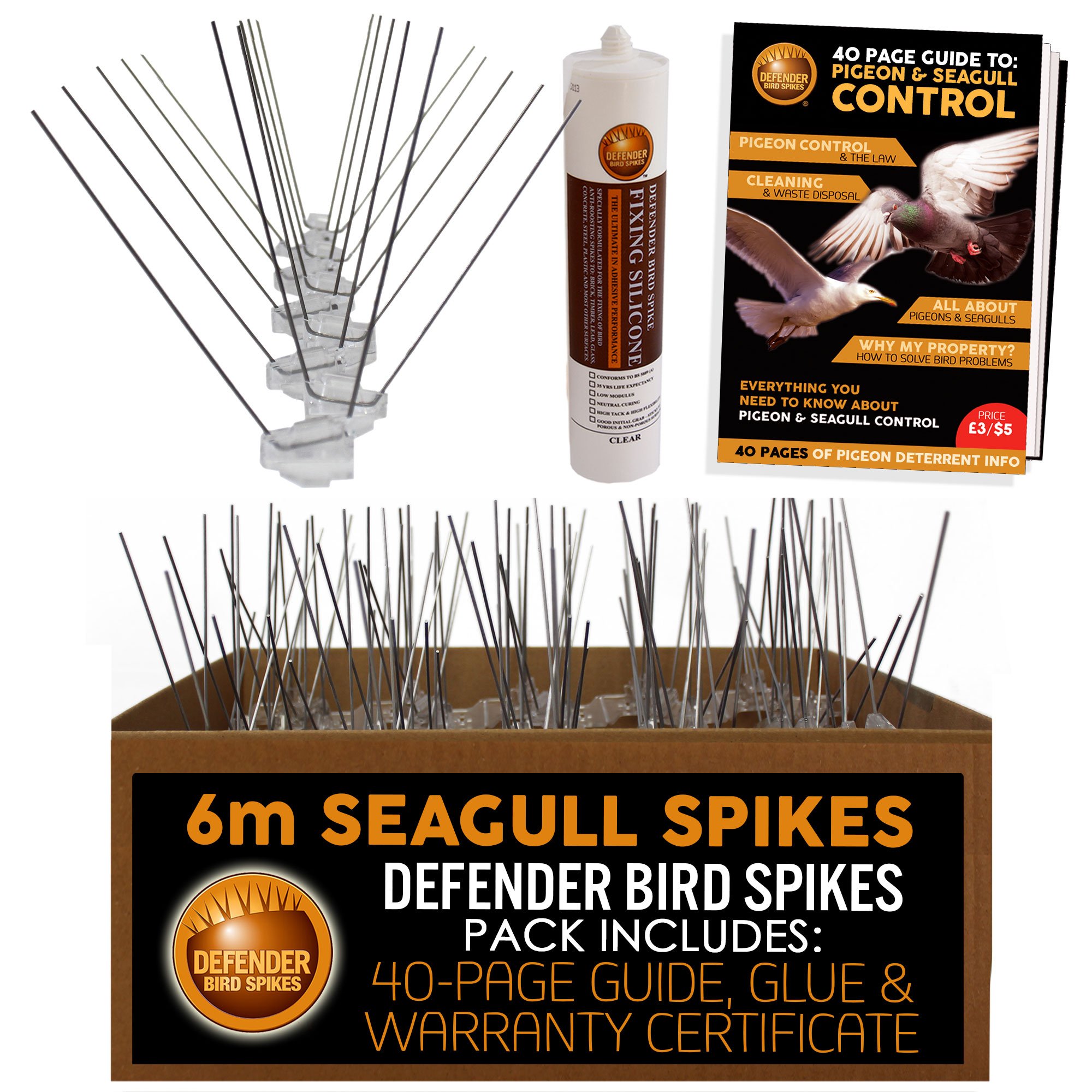 Defender Seagull Spikes Pack | 6 m | Glue | Bird Control Guide | Various Size Packs