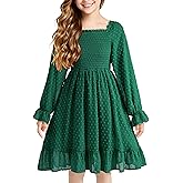 Cubear Girls Long Sleeve Dress Kids Ruffle Tiered Dress Swiss Dot A-Line Christmas Fall Winter Dress 6-15 Years