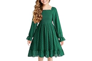 Cubear Girls Long Sleeve Dress Kids Ruffle Tiered Dress Swiss Dot A-Line Christmas Fall Winter Dress 6-15 Years