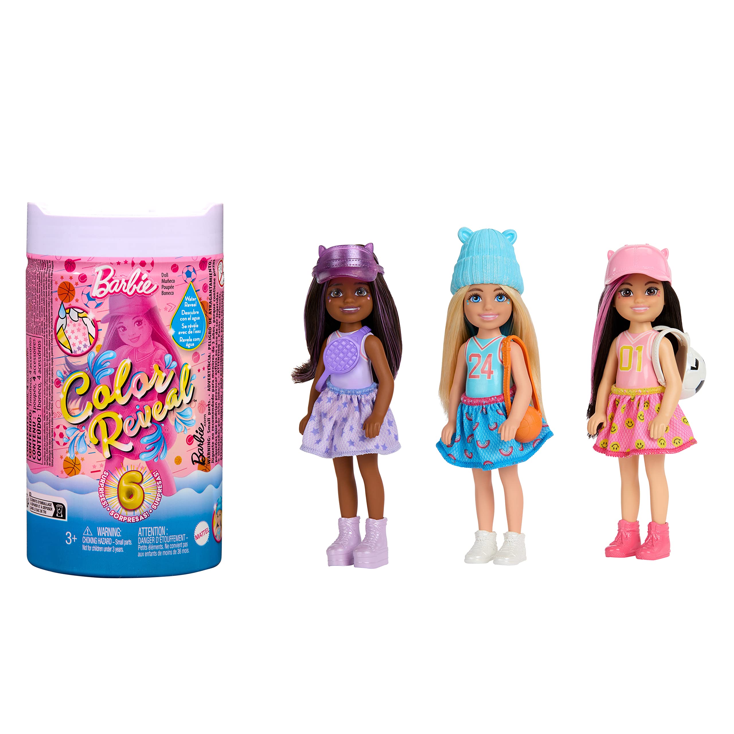 Barbie Color Reveal Dolls, Chelsea Small Doll with 6 Unboxing Surprises Including Color Change, Sporty Series, HKT85