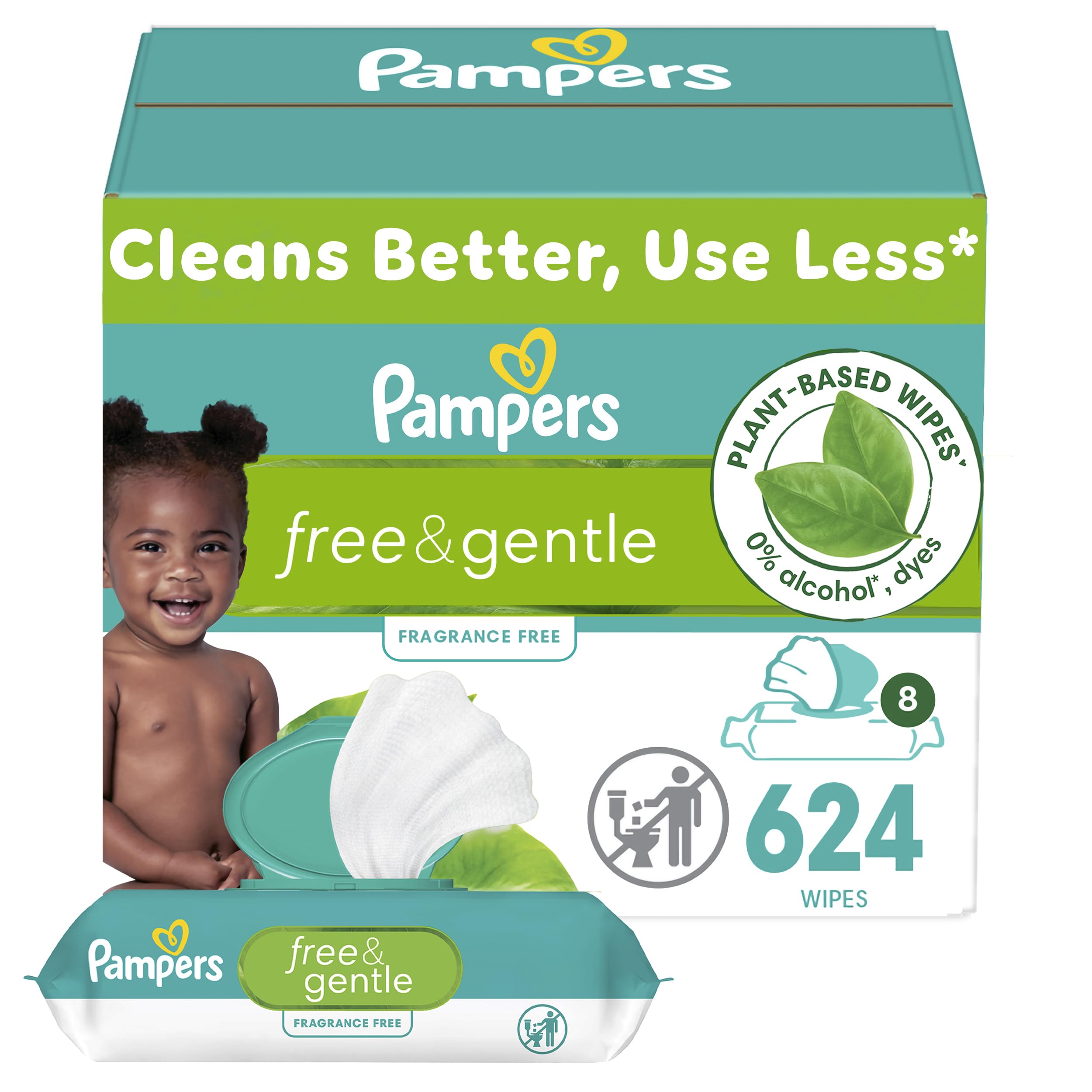 Photo 1 of Pampers Baby Wipes, Free & Gentle, Hypoallergenic and Unscented Wipe, 100% Plant Based, Plastic-Free for Babies, 624 Total (8 Flip-Top Packs)