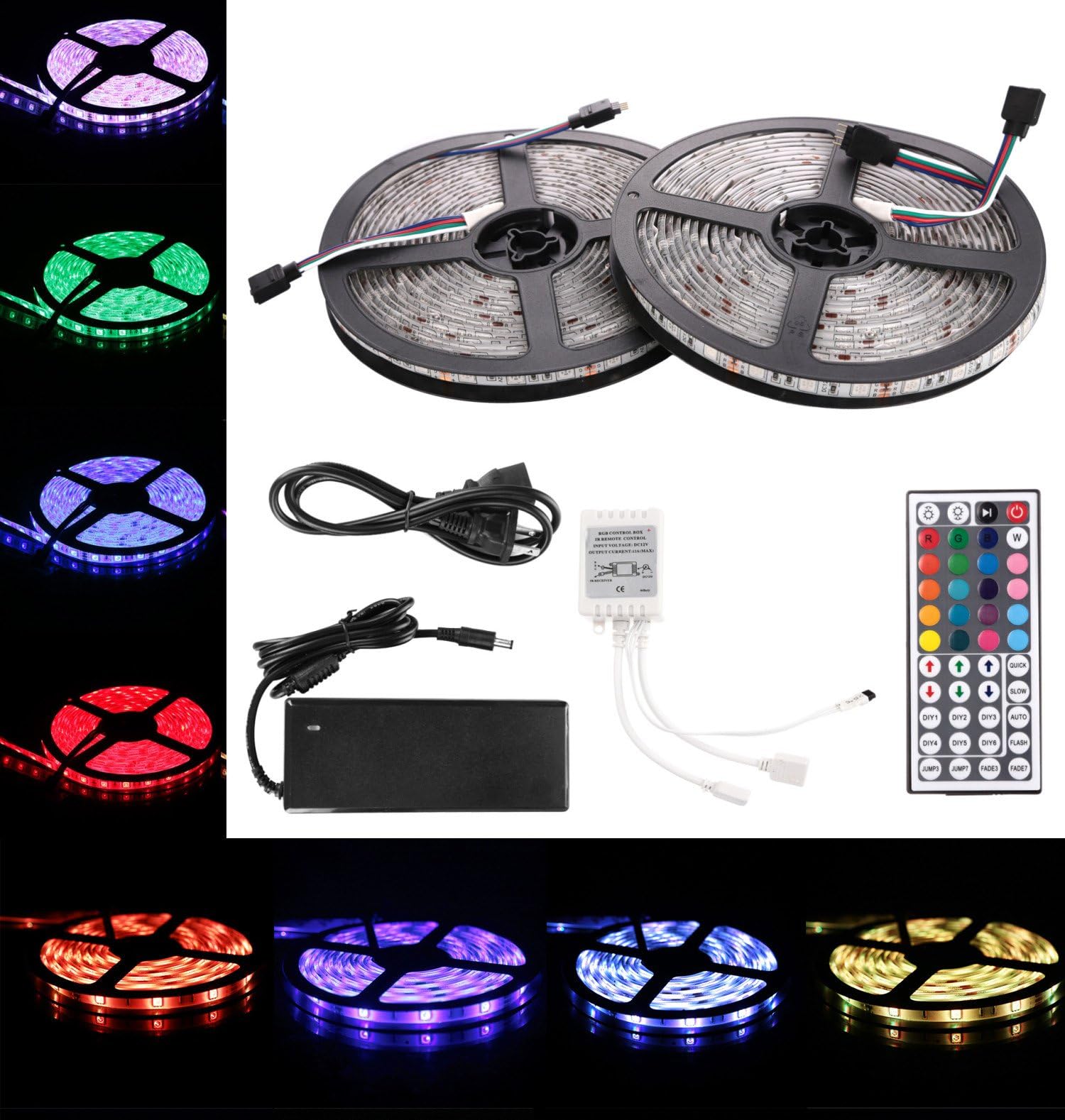 FLFLK Flexible LED Strip Light 2x 5m (32.8ft) 300 LEDs Waterproof 5050SMD RGB Color Change LED Strip Lights Kit with 44 Key Remote, IR Control Box and 12V 5A Power Supply