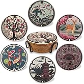 Japanese Coasters Japan Manhole Design Coasters for Drinks Cherry Blossom Koi Pagoda Deer Cork Coasters for Coffee Table Housewarming Birthday Gifts Set of 6