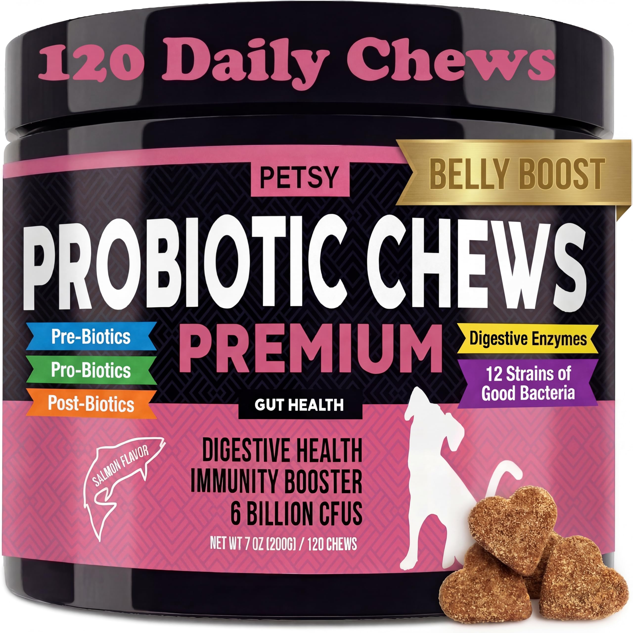 Probiotics for Dogs 5BIL CFUs FOS, PreBiotics, 12 Strains Good Bacteria Gut Skin Immune Itch Diarrhoea Premium Formula |100 Salmon Flav Daily chews | All ages Breeds| Dog Probiotics Gut Health Care