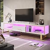 Bestier 80 Inch TV Stand for 65/75/85/90 Inch TVs, Modern LED Entertainment Center for PS5 with Open Storage and Drawer, High Gloss Media Console for Living Room Bedroom, White Marble