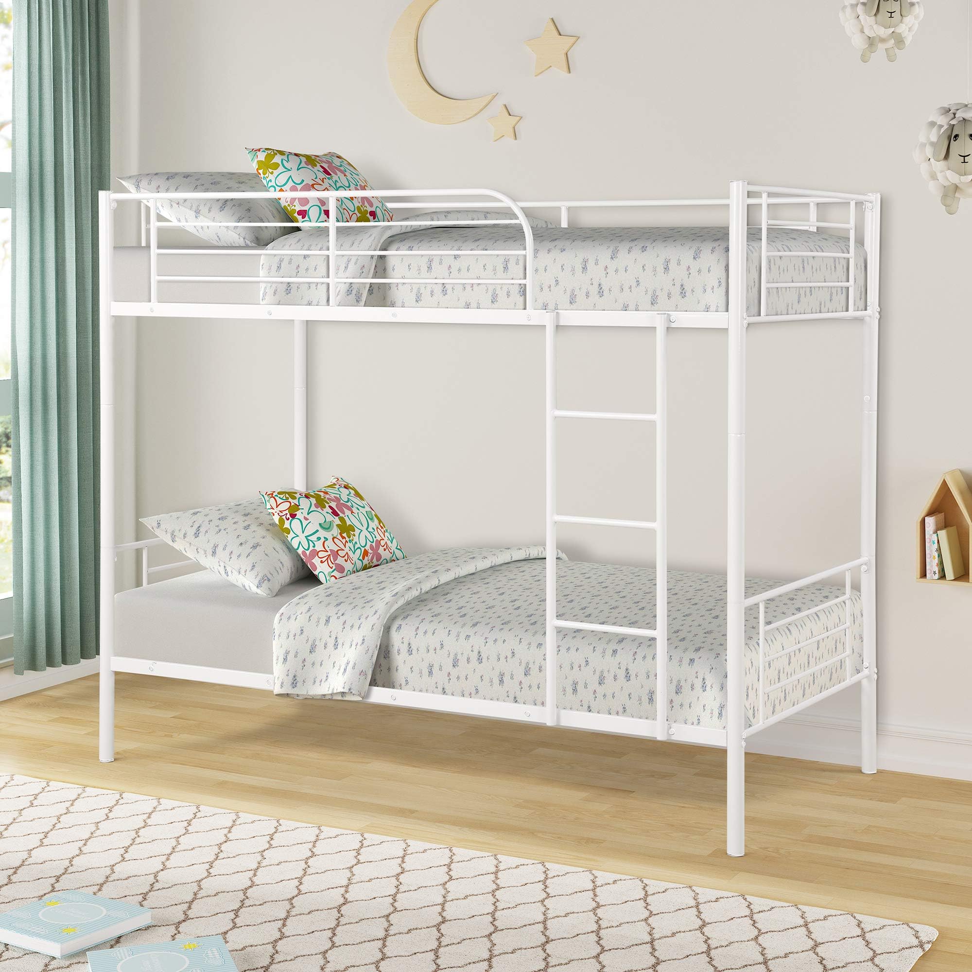 Twin Over Twin Metal Bunk Beds, Rockjame Space Saving Design Sleeping Bedroom Twin Bed with Ladder and Safety Rail for Boys, Girls, Kids, Young Teens and Adults (White)