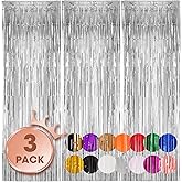Voircoloria 3 Pack 3.3x8.2 Feet Silver Foil Fringe Backdrop Curtains, Tinsel Streamers Birthday Party Decorations, Fringe Bac
