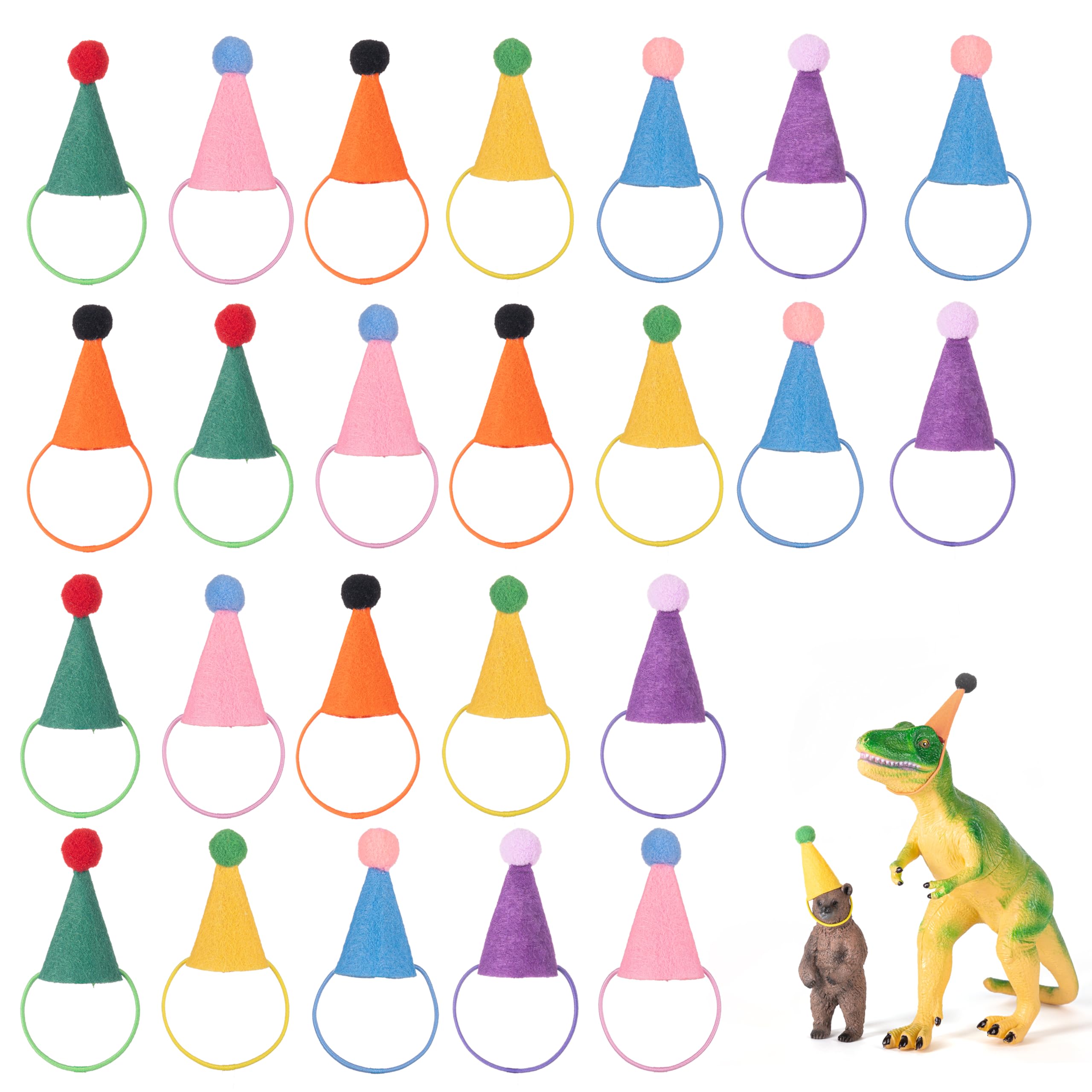 Photo 1 of Fiestivo 24 Pcs Mini Party Hats for Stuffed Animals Figures Toys Dinosaur Tiny Hats for Crafts Colorful Doll Party Decor Adjustable Cone Hat with Tinsel Pom Pom Birthday Cake Toppers Accessories