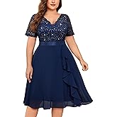 MISSMAY Women's Plus Size Sequins Lace Contrast Chiffon V Neck Flowy Cocktail Party Prom Midi Dress