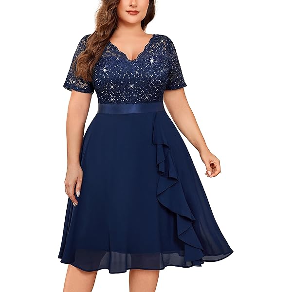 Amazon.com: Miusol Women's Plus Size Sequin Lace V Neck Ruffle