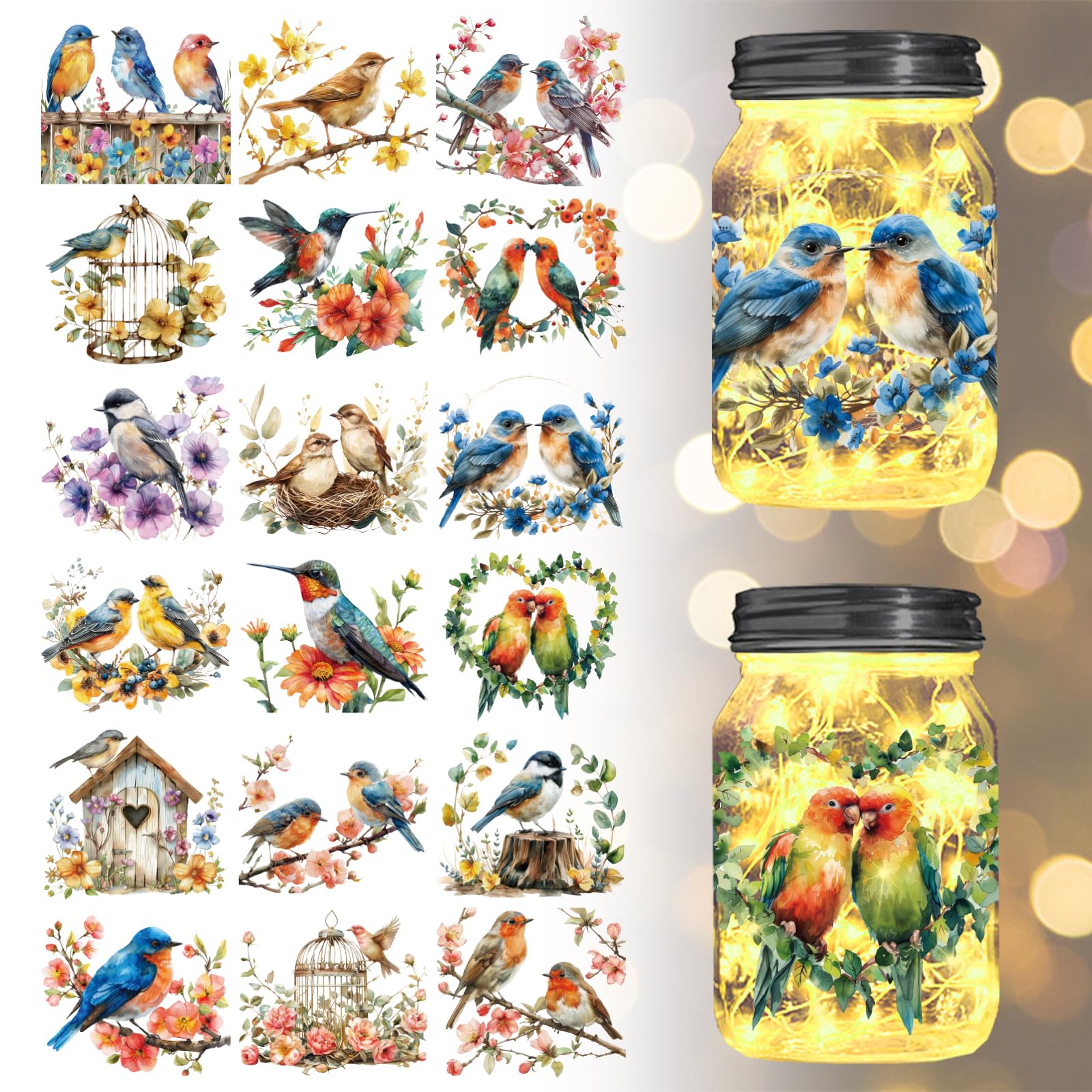 GLOBLELAND 18 Sheets Flowers and Bird Transfer Stickers 3.9x3.6inch Hummingbird Branch Decals Stickers Wreath Rub on Transfer for Furniture Vase Glass Mason Jars Decorations Art Crafts
