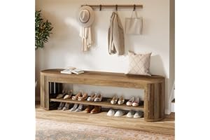 Tribesigns 63" Wooden Entryway Bench with Shoe Storage, Long 2-Tier Narrow Shoe Bench with Arc Vertical Slat Splicing Legs, E