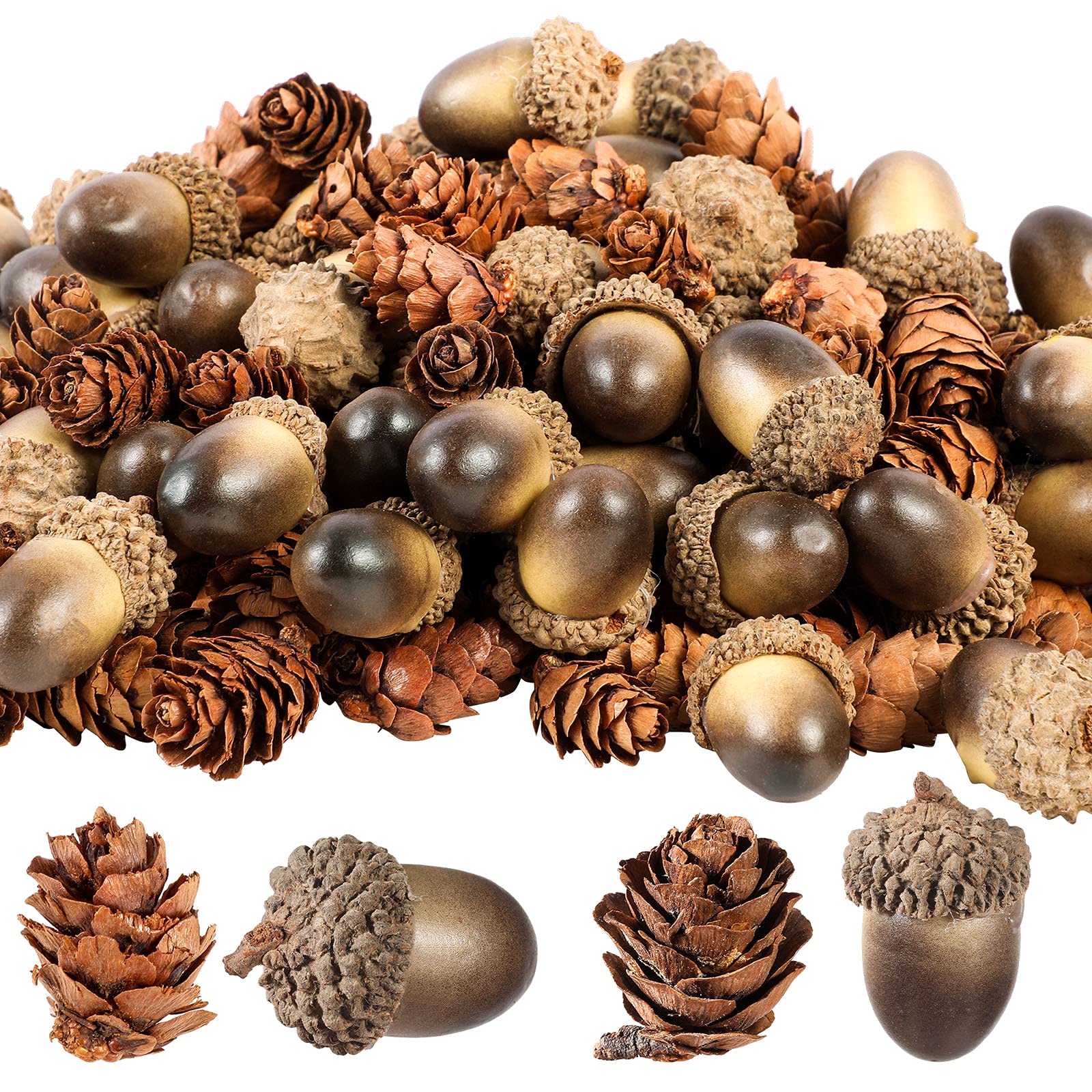 Syhood 200 Pcs Artificial Acorns for Craft Fake Natural Mini Pine Cone Decoration Simulation Lifelike Small Pine Cone with Natural Cap Fake Acorn Prop for Vase Filler Thanksgiving Autumn Winter Home
