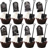 48 Pack Halloween Cupcake Toppers Tombstone Zombie Horrible Cupcake Topper with Novelty Mini Shovel Spoons Gravestone Skeleton Zombie Cupcake Picks Happy Halloween Birthday Cupcake Decorations