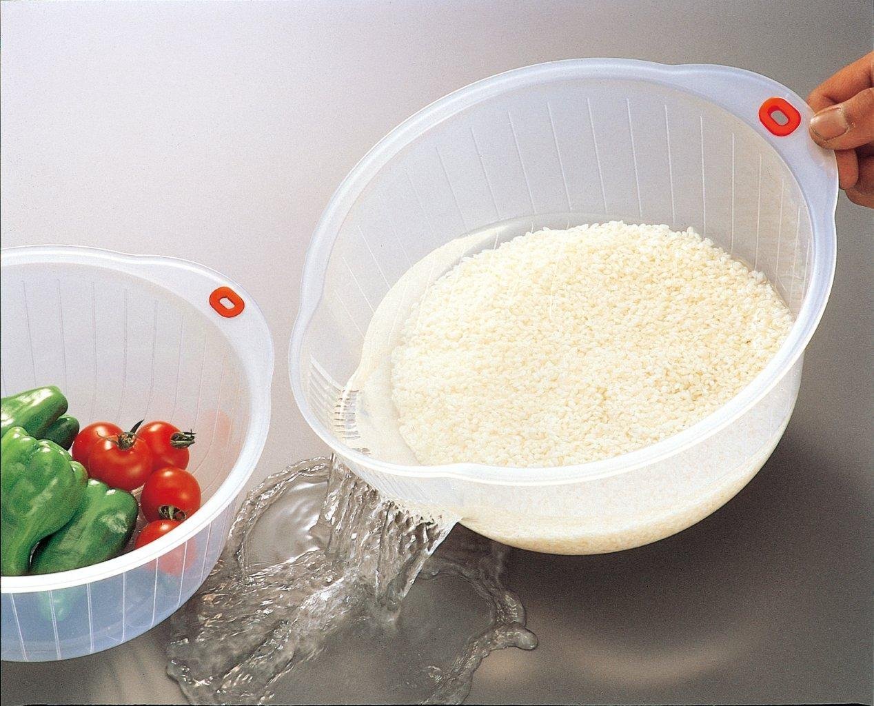 Inomata Japanese Rice Washing Bowl with Side and Bottom Drainers, Clear Instant Pot