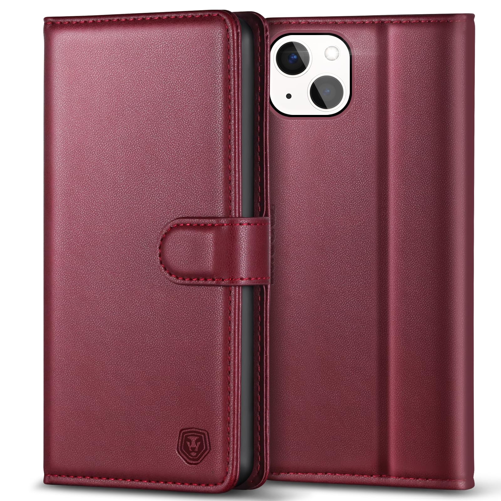 Kuafcase Compatible for iPhone 13 Mini Case with 4 Card Slots Magnetic Closure Kickstand Shockproof Protective Phone Case Compatible for iPhone 13 Mini - Wine Red — image 1
