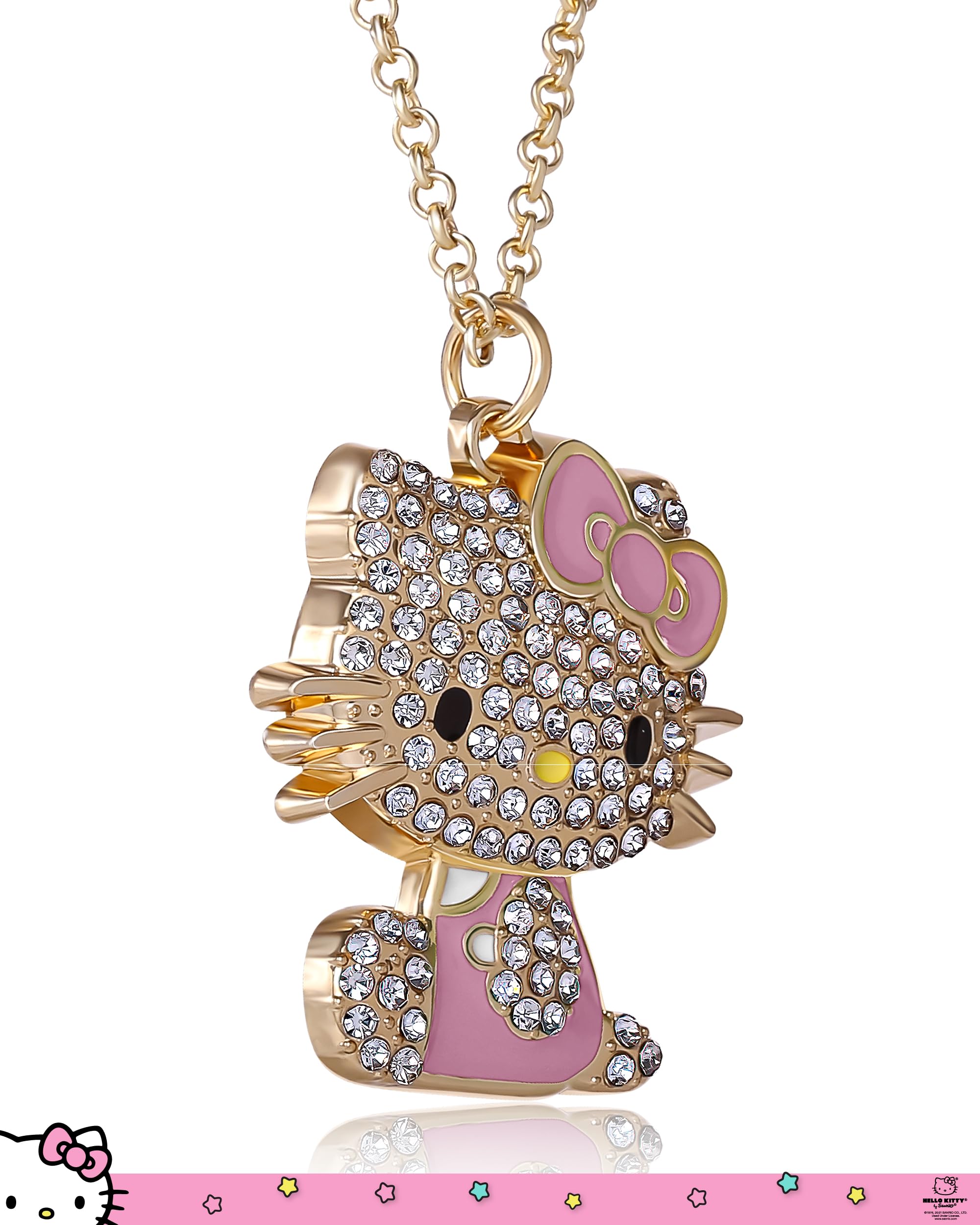 SALLY ROSE Hello Kitty Pink Enamel and Pave Crystal Pendant Necklace Official License, Gold-Tone 16+3 Hello Kitty Necklace, Sanrio Gifts