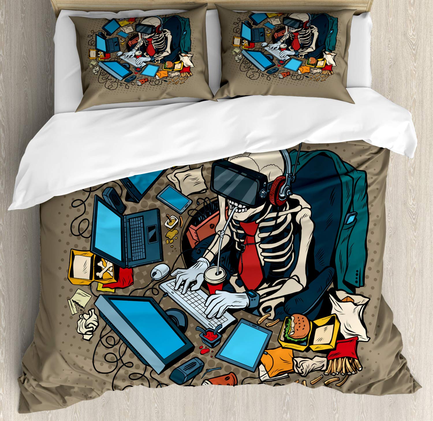 ABAKUHAUS Gamer Duvet Cover Set Queen Size, Skeleton in Virtual Reality, Decorative 3 Piece Bedding Set with 2 Pillow Sham, 220 x 220 cm - 75 x 50 cm, Multicolor