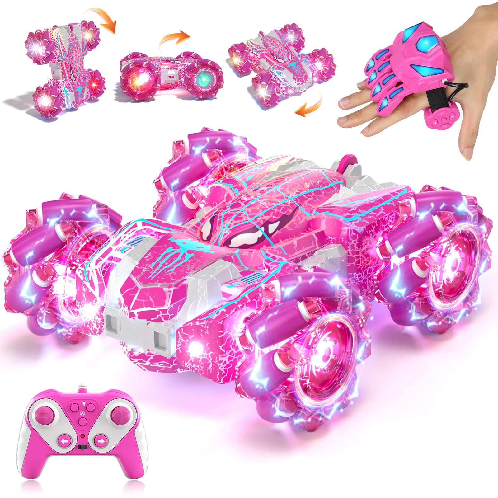 SOGAWEBB Spider Gesture Sensing Remote Control Car, Double Sided RC Stunt Car with Full-body Light, 2.4GHz Hand Controlled Rechargeable, Pink, for Boys Ages 4-12