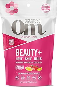 Om Mushroom Superfood Drink Mix, Beauty Plus, Strawberry Lemonade, 4 Ounce (18 Day Supply), Chaga, King Trumpet, Maitake, Cordyceps, Shiitake, Biotin & Collagen, Hair Skin Nails Supplement