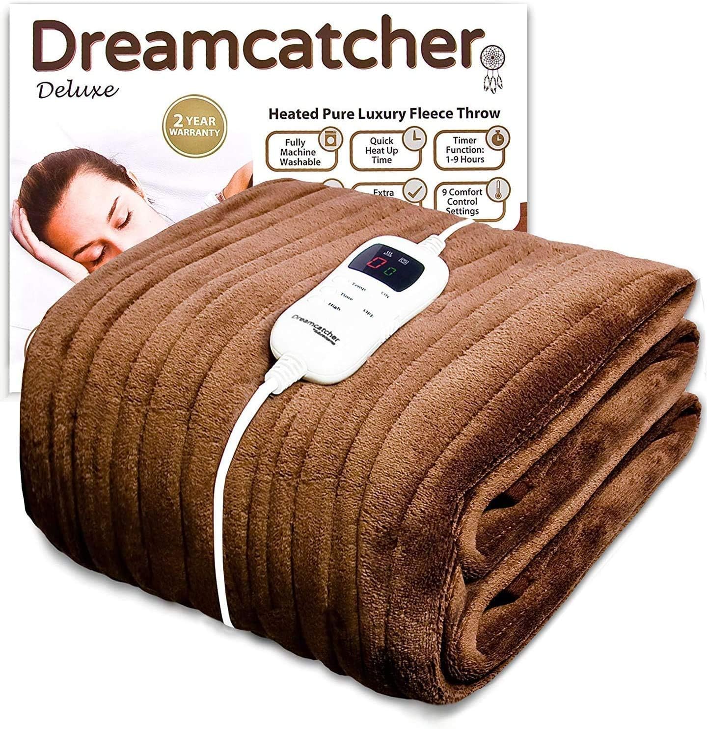 Dreamcatcher Luxurious Electric Heated Throw, Supersize 200 x 130cm Soft Fleece Brown Throw