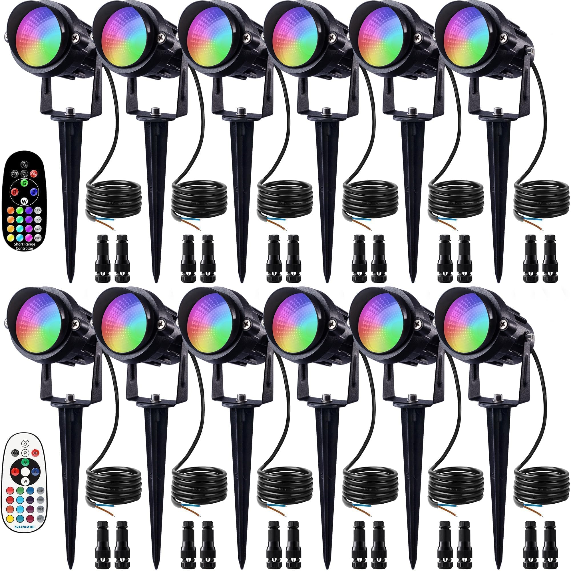 Photo 1 of SUNVIE RGB Halloween Low Voltage Landscape Lights Color Changing 12W LED Landscape Lighting Outdoor Waterproof Remote Control for Garden Pathway Christmas Decorative Lighting, 12 Pack with Connector