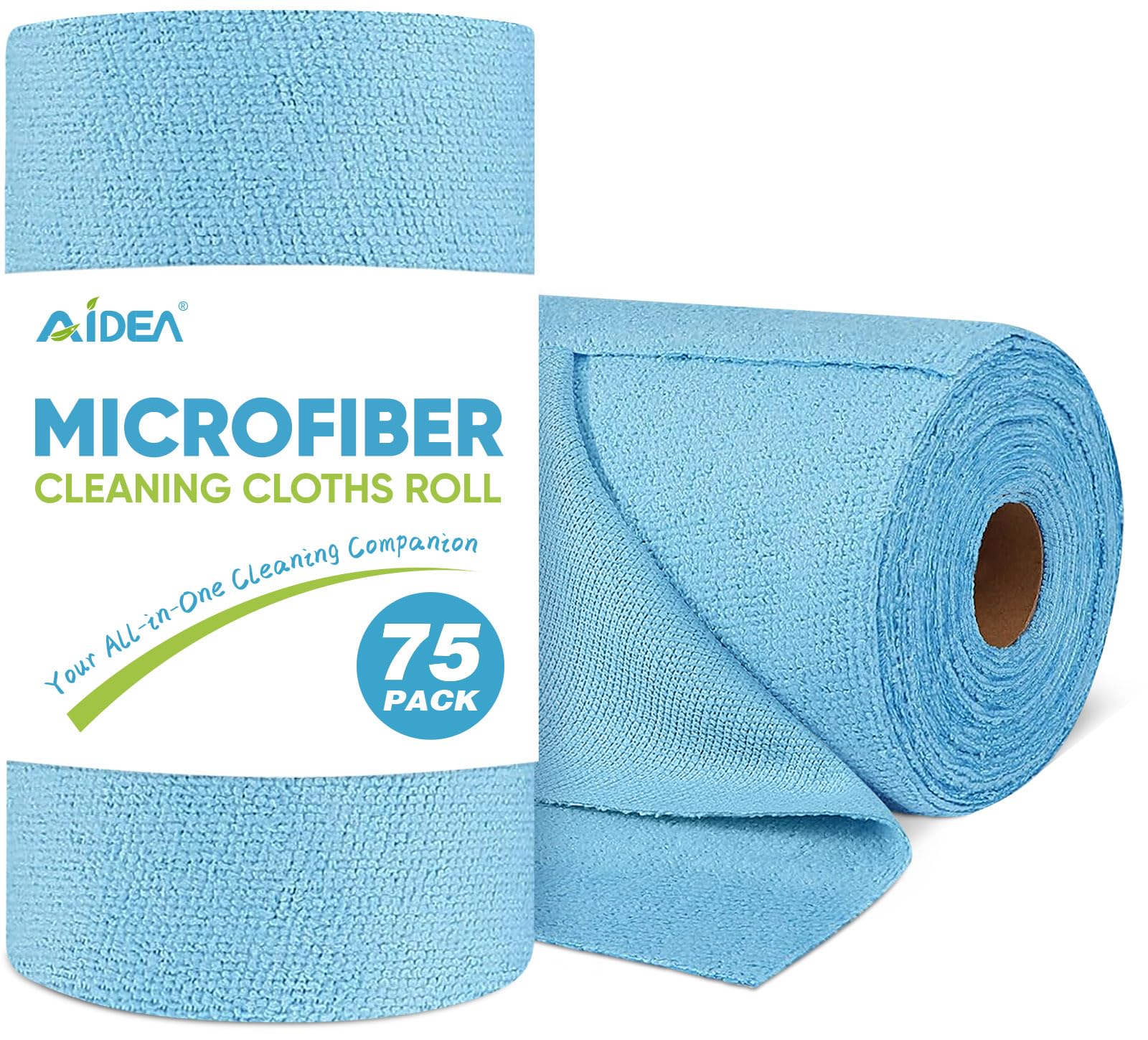 AIDEA Blue Microfiber Cleaning Cloth Roll-75PK, Reusable Paper Towels, Tear Away Towels, Washable Shop Rags, Microfiber Towels for Cars, Lint Free Cleaning Rags for House, Kitchen, Window-11.5"×11.5"