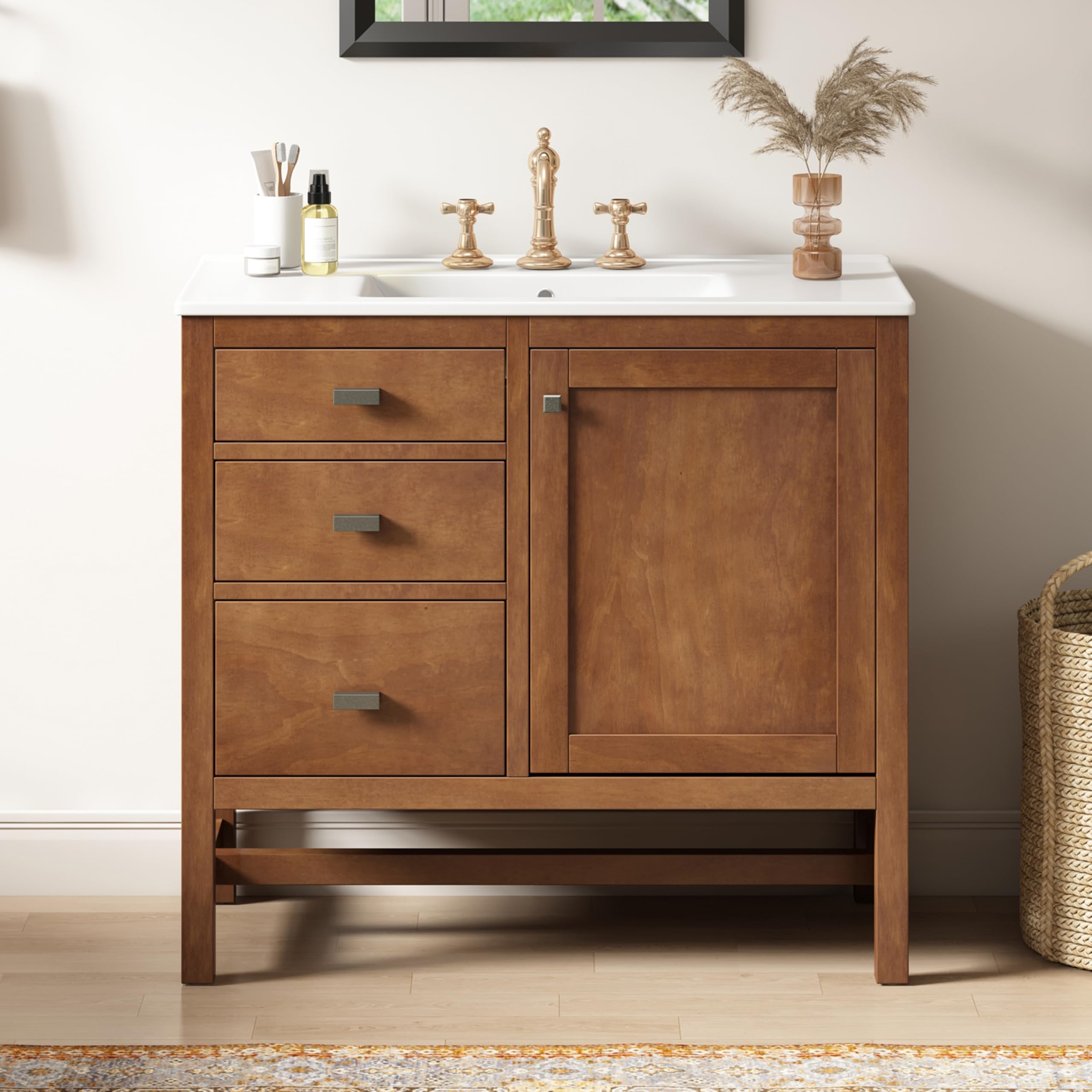 Photo 1 of *** USED, MAJOR DAMAGE***Christopher Knight Home Pyke 36 Inch Bathroom Vanity with Sink, MDF Frame with Ceramic Sink, One Door with Flip-Up Storage and Dual Drawers, Metal Handles, Storage Cabinet, Toilet Organizer, Walnut