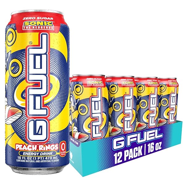 G FUEL ENERGY DRINK, PEACH RING CANDY, SUGAR FREE BEVERAGE WITH 300MG CAFFEINE, DAILY ENERGY BOOST WITH FOCUS AMINO, VITAMIN + ANTIOXIDANTS, 16 OZ CANS (SONIC, 12-PACK)