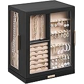 Glimmloop 360° Rotating Jewelry Box with 5 Drawers, Spacious Vertical Jewelry Organizer with Glass Window, Jewelry Storage Case, Dustproof & Moisture-resistant Design, Black