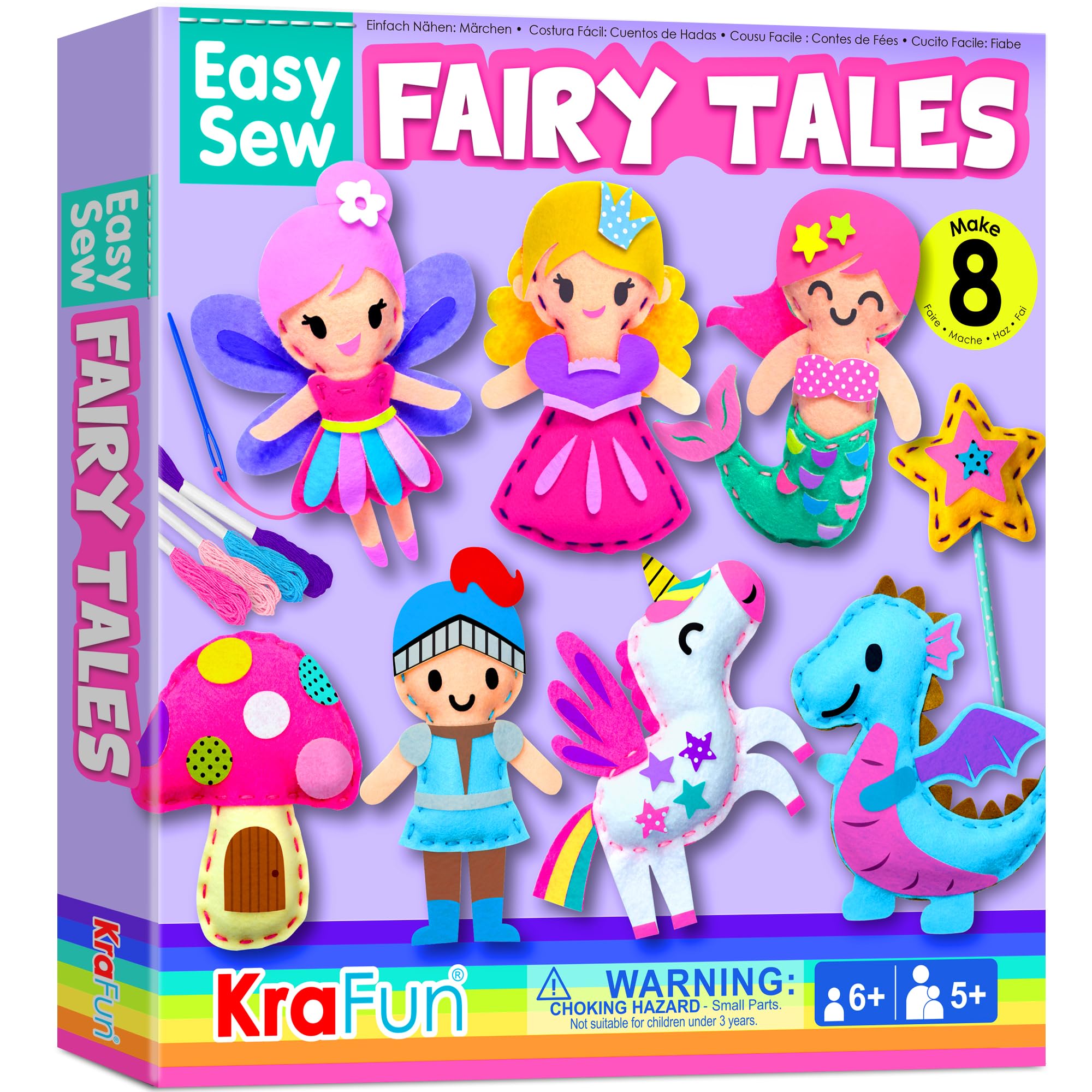 KRAFUN Easy Sew Fairy Tales Sewing Kit for Kids Beginners, Make 8 DIY Felt Plush Toys with Pre-Punched Holes, Arts & Crafts for Girls Ages 5-10 Image
