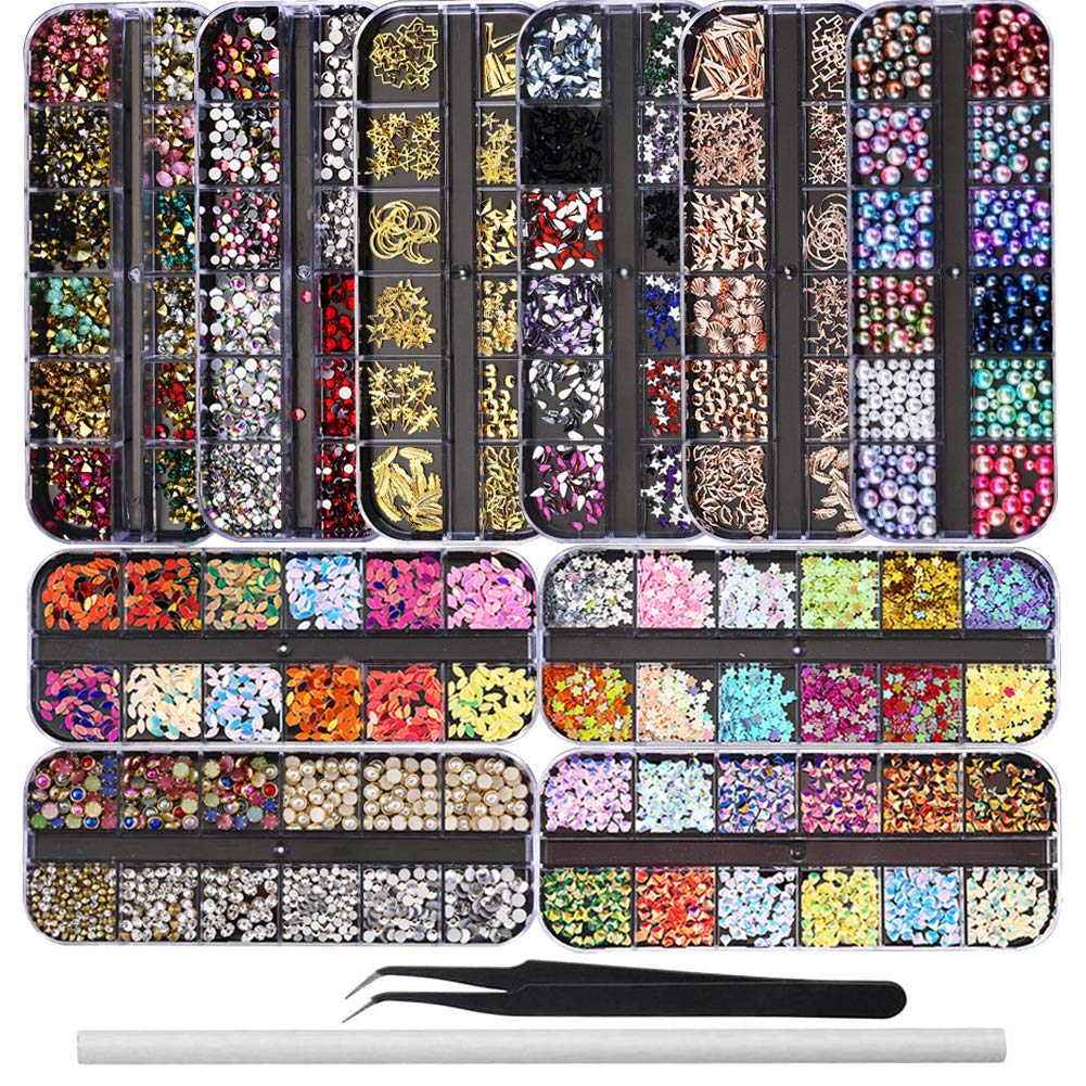 EBANKU 10 Boxes Nail Art Rhinestones Nail Studs Gems Nail Art Crystal Nail Jewels Nail Diamonds with 1 Pc Pick Up Tweezers 1 Pc Wax Pens for Nail Art Supplies Accessories : Beauty