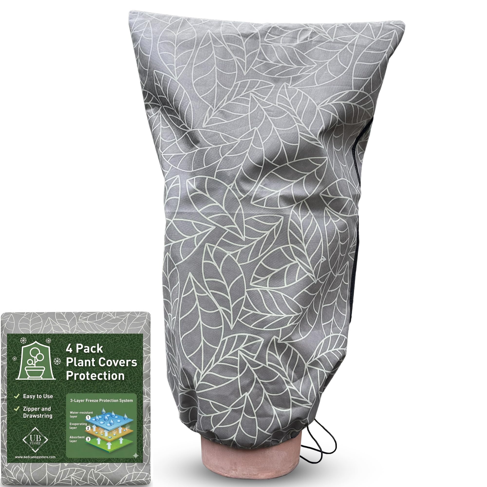 UB-STORE Plant Covers Freeze Protection 32"x47" in 4 Pack | Brown Winter Frost Blankets for Outdoor Plants | Reusable Garden Cover Bags with Zipper Drawstring | Cold Weather Shrub Protection Cloth