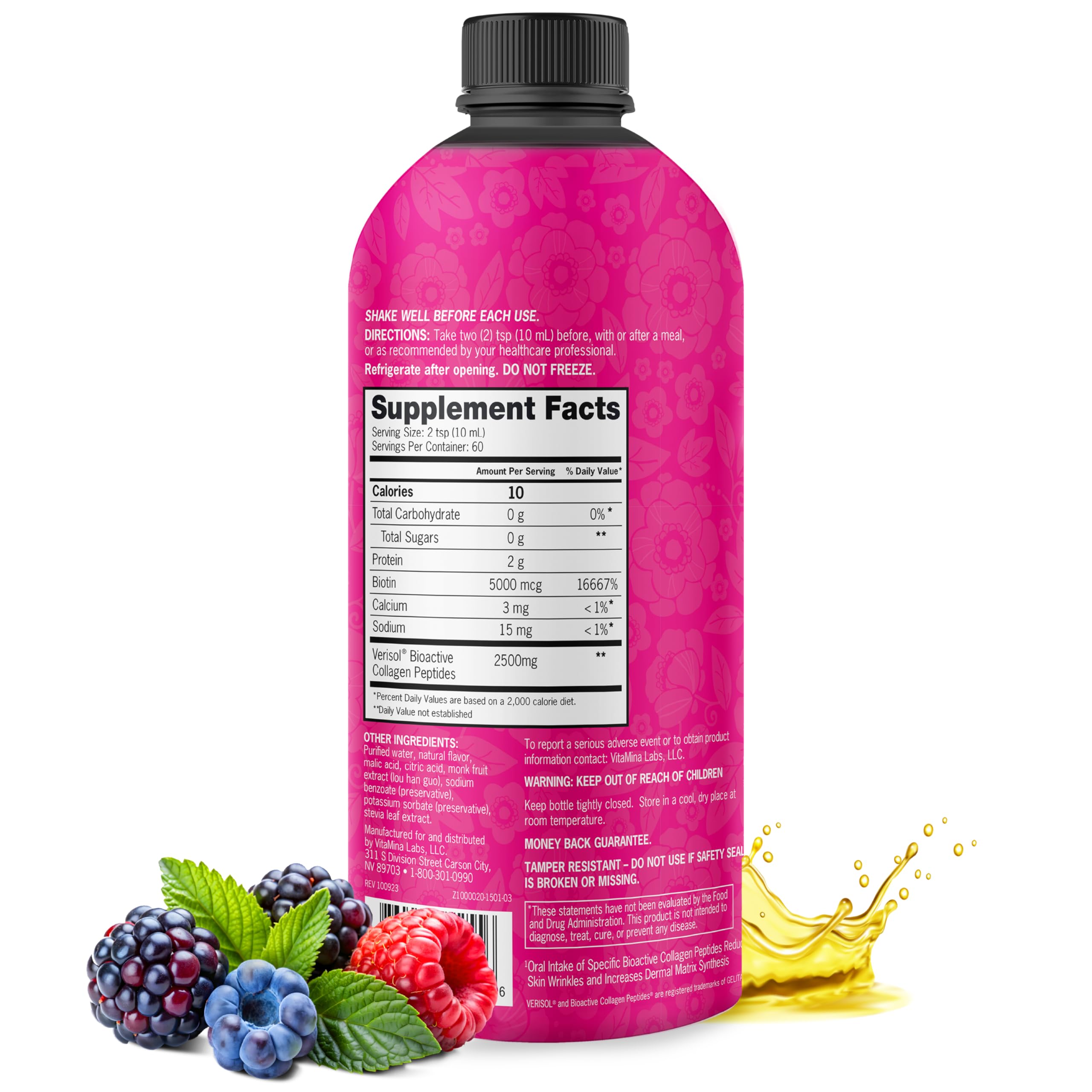 Zena Nutrition Liquid Collagen Peptides (Type 1 & 2) & 5000mcg Biotin, 2500mg Verisol Bioactive Collagen Peptides, Hair, Skin, Nail Supplement for Women & Men, Mixed Berry, 60 Servings, 20.3 fl oz