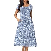 Seta T Women's Summer Midi Dress Crewneck Short Sleeve Smocked Boho Floral Flowy A Line Beach Dresses with Pocket