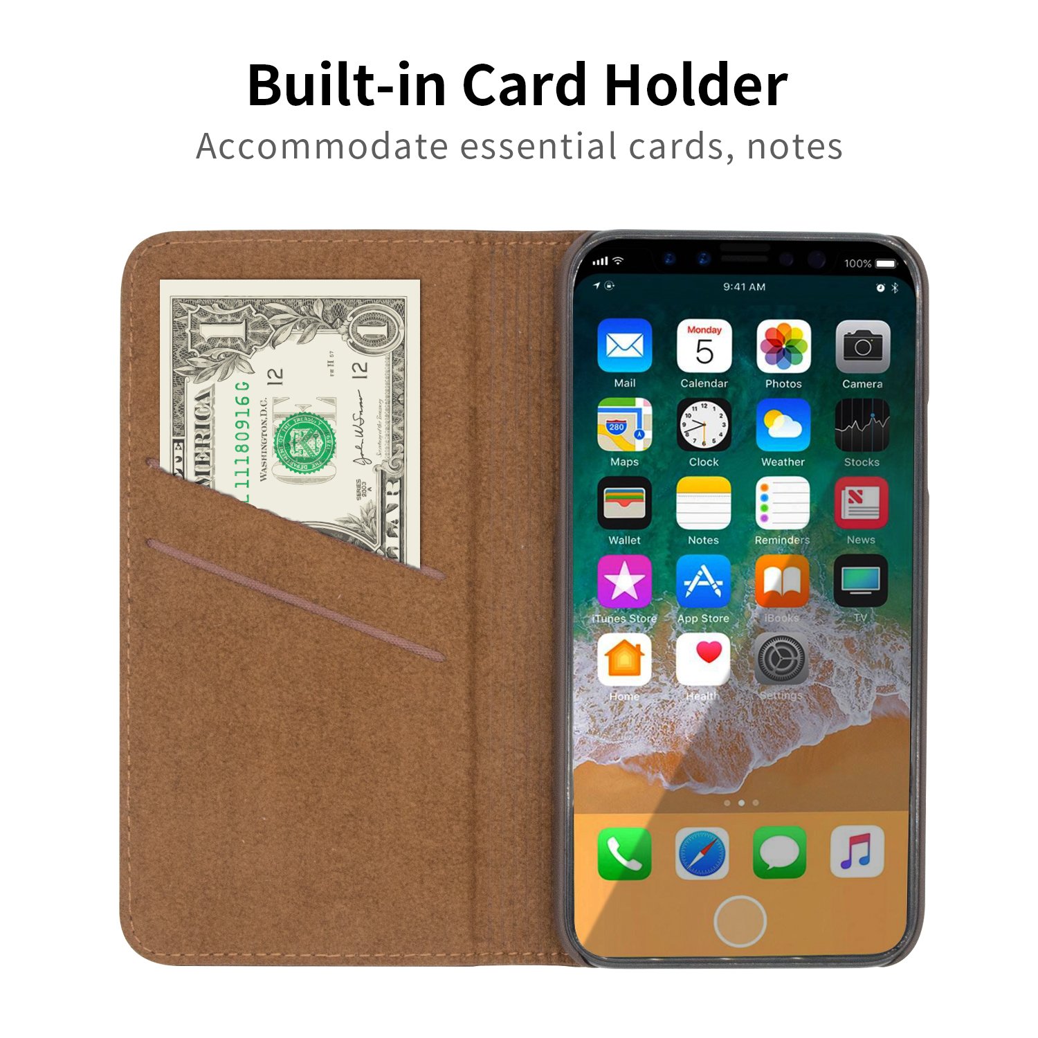 iPhone X Case, iBazal Stand Folio Leather Case, Vintage Handmade Genuine Leather Flip Case with magnetic Closure for iPhone X / iPhone 10 5.8\'\' (2017) - Brown