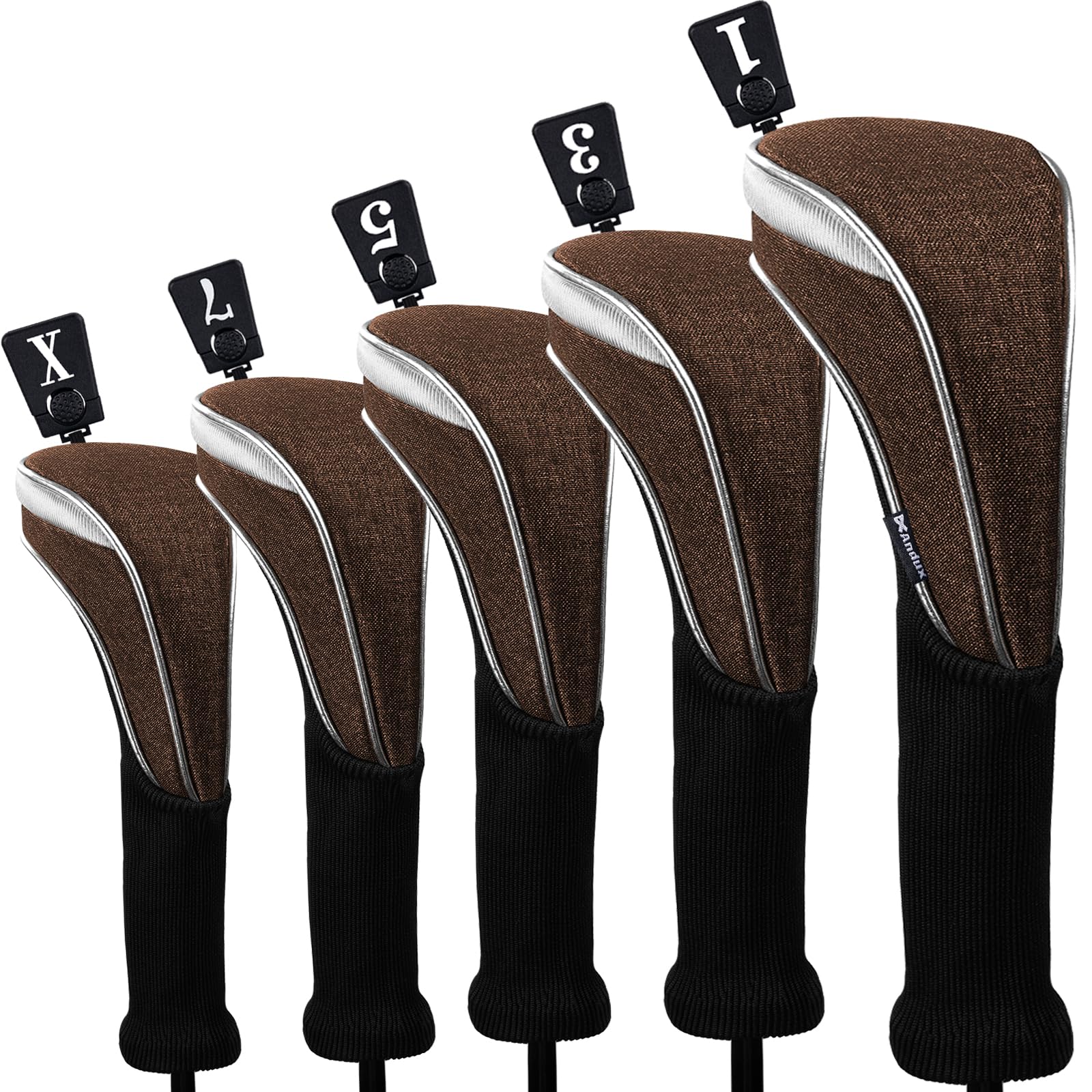 Andux 5pcs/Set Nylon Golf Wood Club Head Covers 460cc Driver Covers Long Neck Brown