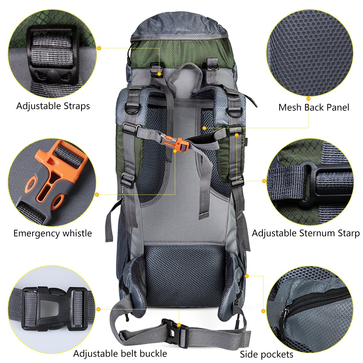 60+5L Water Resistant Hiking Backpack Outdoor Bag for Camping Climbing Mountaineering Travel Daypack Size 12.2\'\'x 9.8\'\'x 29.9\'\' (Green)