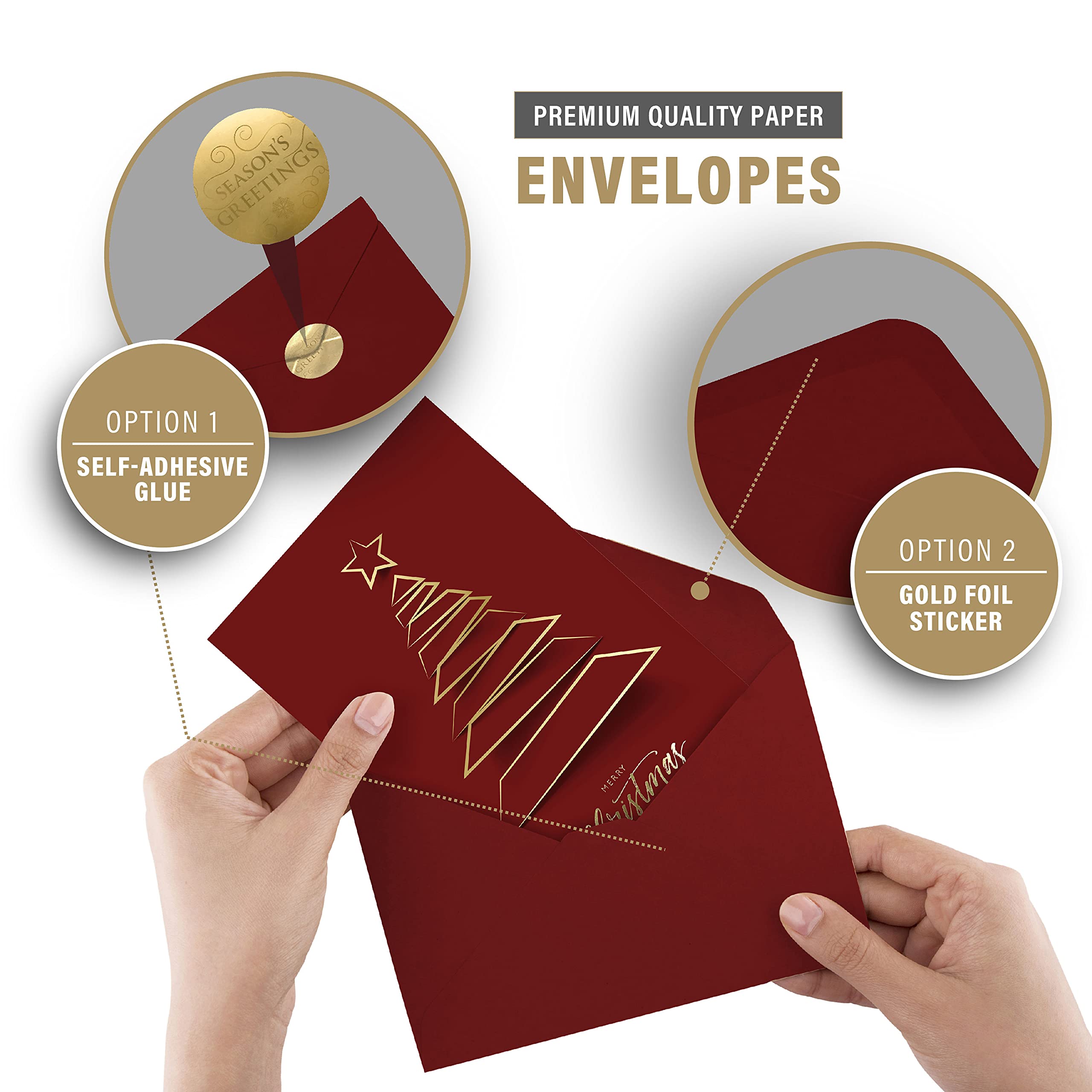 easykart labels 20 Christmas Greeting Cards with Gold Foiling Xmas Tree, 6.75 x 4.5 Size, Dark Red Self Paper with Red Envelope with Seal Stickers For Friends, Family and loved Ones