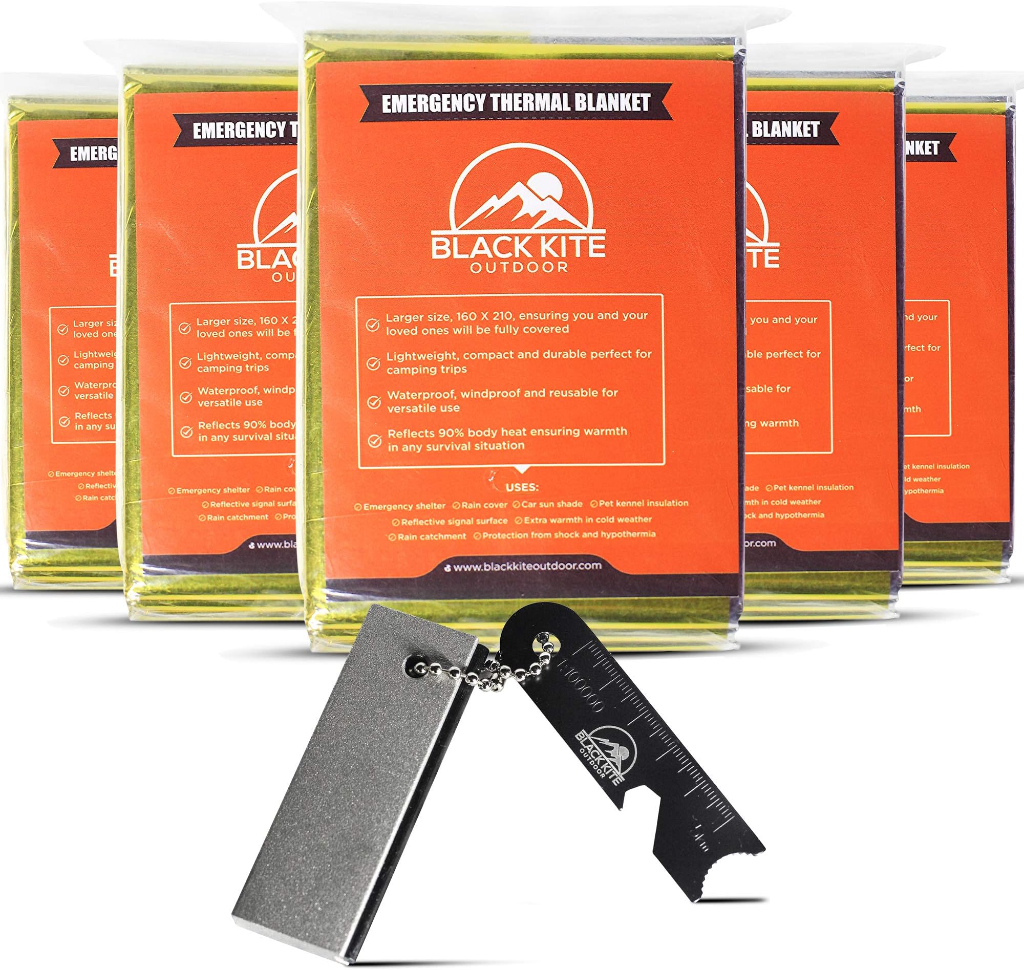 Black Kite Outdoor XL Survival Mylar Thermal Space Blankets (5 -Pack) + Magnesium Flint Block & Striker Fire Starter Designed to Retain Heat, Outdoors, Hiking, Camping, First Aid, Marathon, Emergency