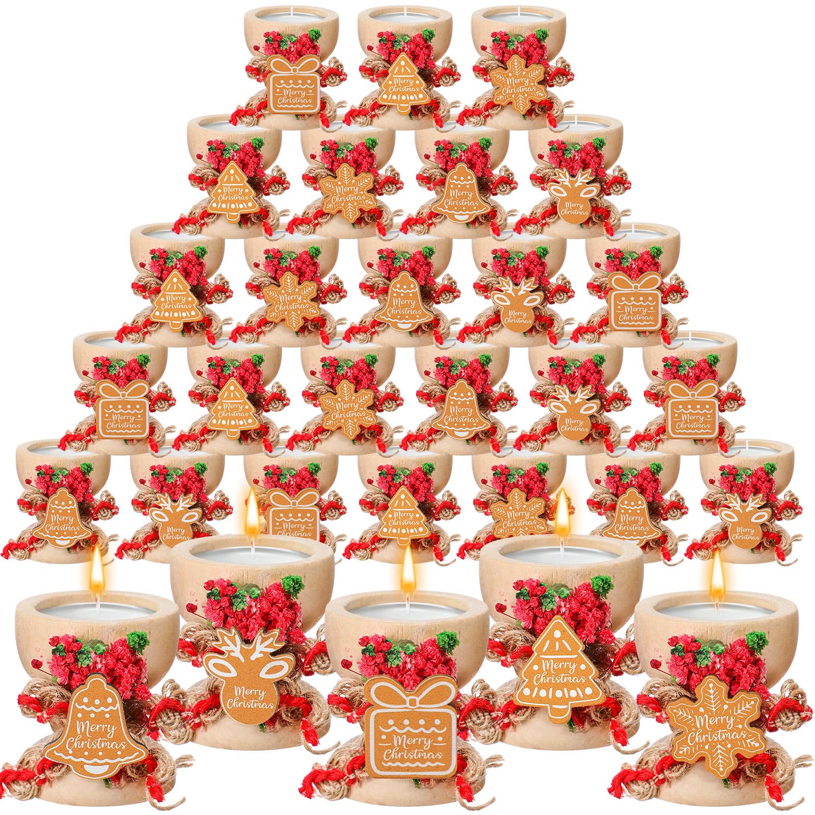 Photo 1 of 25 Pack Christmas Candles Gift Set Rustic Merry Christmas Candle Jar Bulk Farmhouse Tealights with Natural Wood Holder Xmas Table Fireplace Decor Appreciation Gift for Women Coworkers Friends Teacher