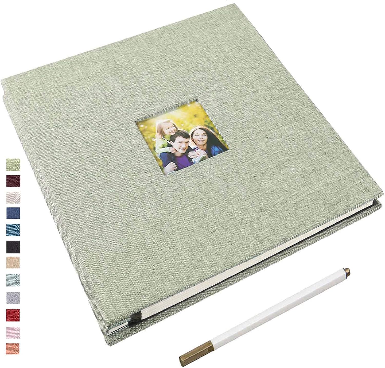 Yopih Self Adhesive Photo Album 28x27cm Fits 10x15 8x13 13x18 15x20 20x25 cm Photo Scrapbook with Window 40 Pages Linen Cover with A Metallic Pen DIY Memory Book for Baby Wedding Family Grassgreen