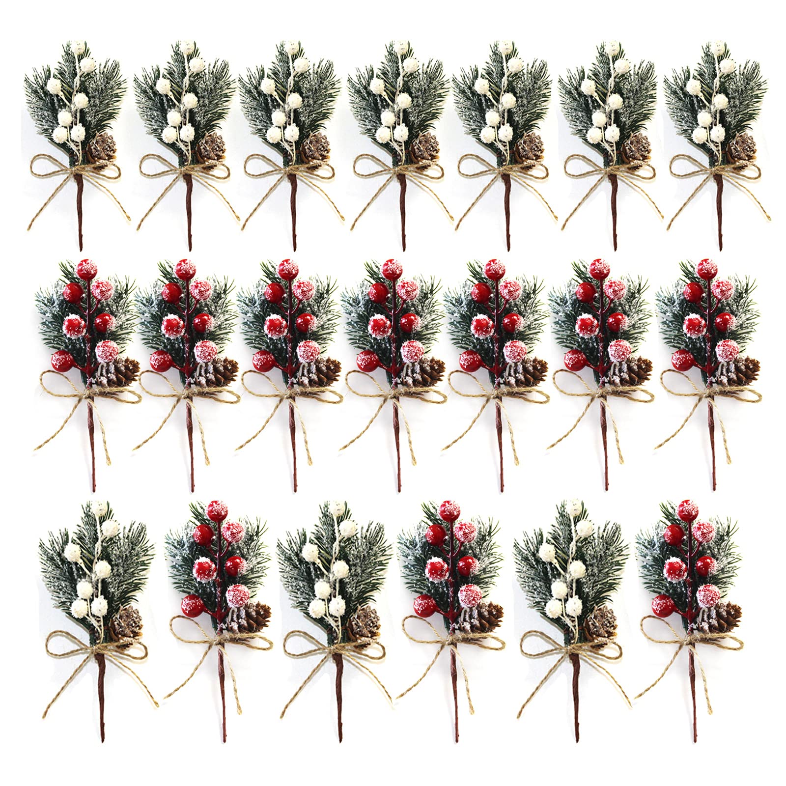 WIVAYE 20Pack Artificial Pine Picks,6inch Flocked Holly Christmas Red Berry Picks Stems, Christmas Picks and Sprays Faux Pine Picks with Pinecones, for DIY Gift Floral Arrangements