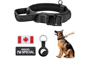 Tactical Dog Collar Thick with Handle - Heavy Duty Metal Buckle Military Dog Collar with Canada Flag Patch and Airtag Case Ho