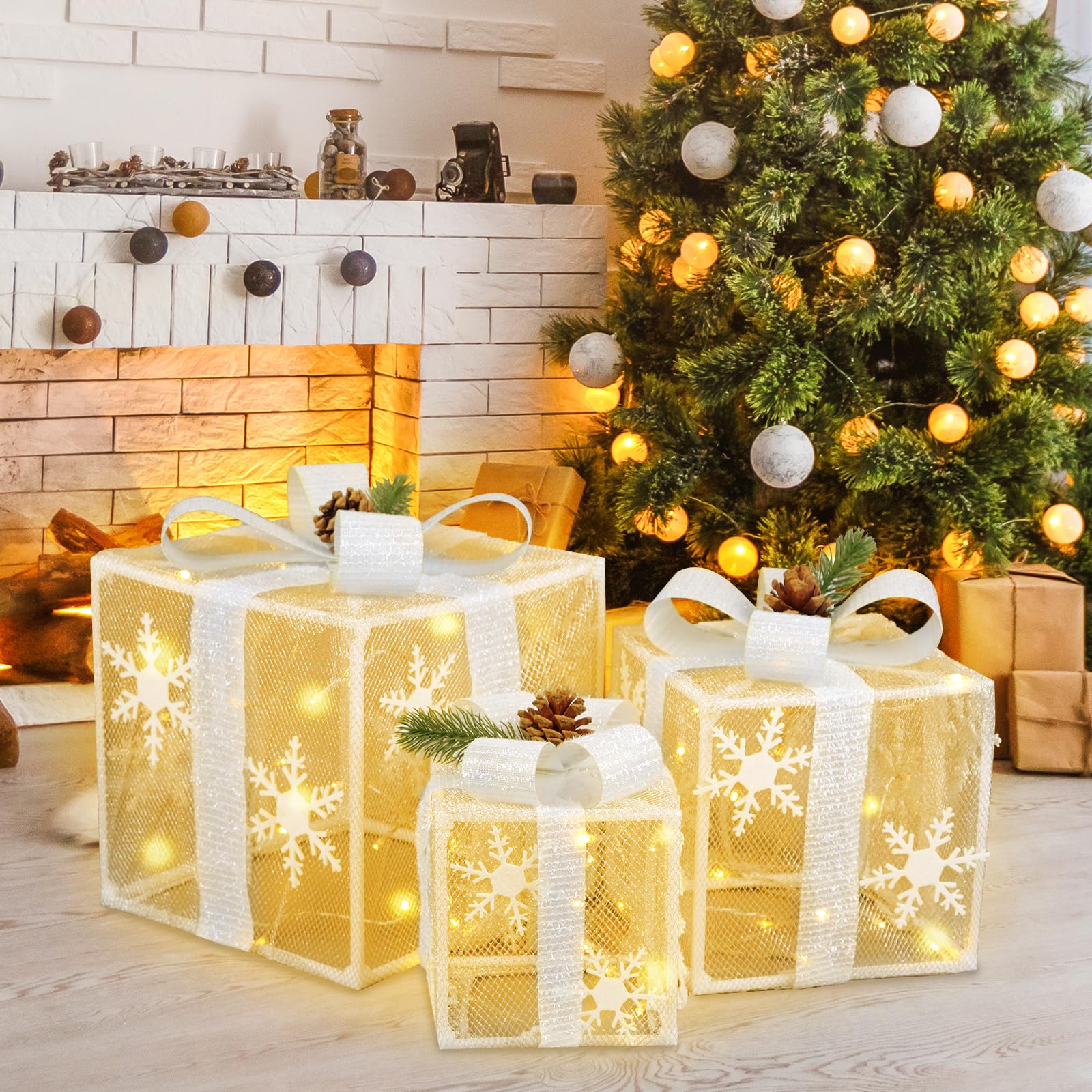 BigKing LED Three-Piece Gift Box, Exquisite Snowflake Shape, Christmas Light Boxes, Universal Decorative Lights for Trees