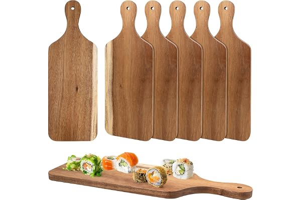 6 Pack Acacia Wood Serving Boards with Handles, 17" x 6" Wooden Serving Platter, Wooden Cutting Boards, Wood Plates, Cheese B